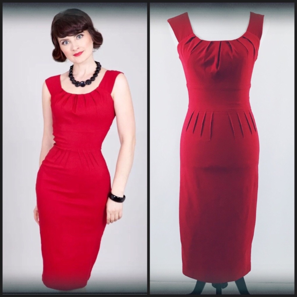 Bettie Page Red Holly Wiggle Pencil Dress EUC